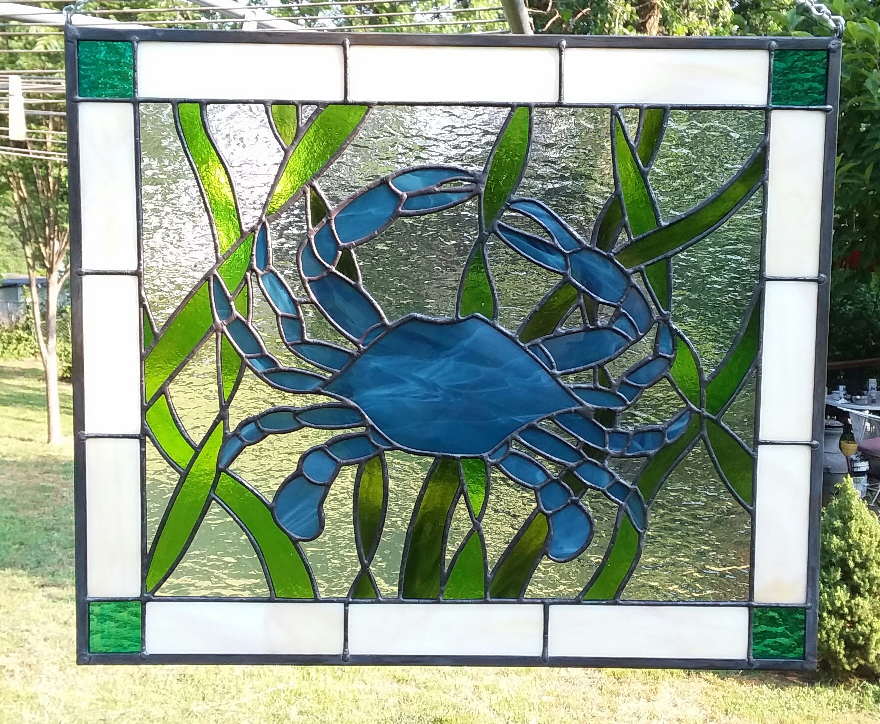 Blue Crab Stained Glass Panel