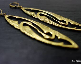 Bronze art deco earrings, bird earrings