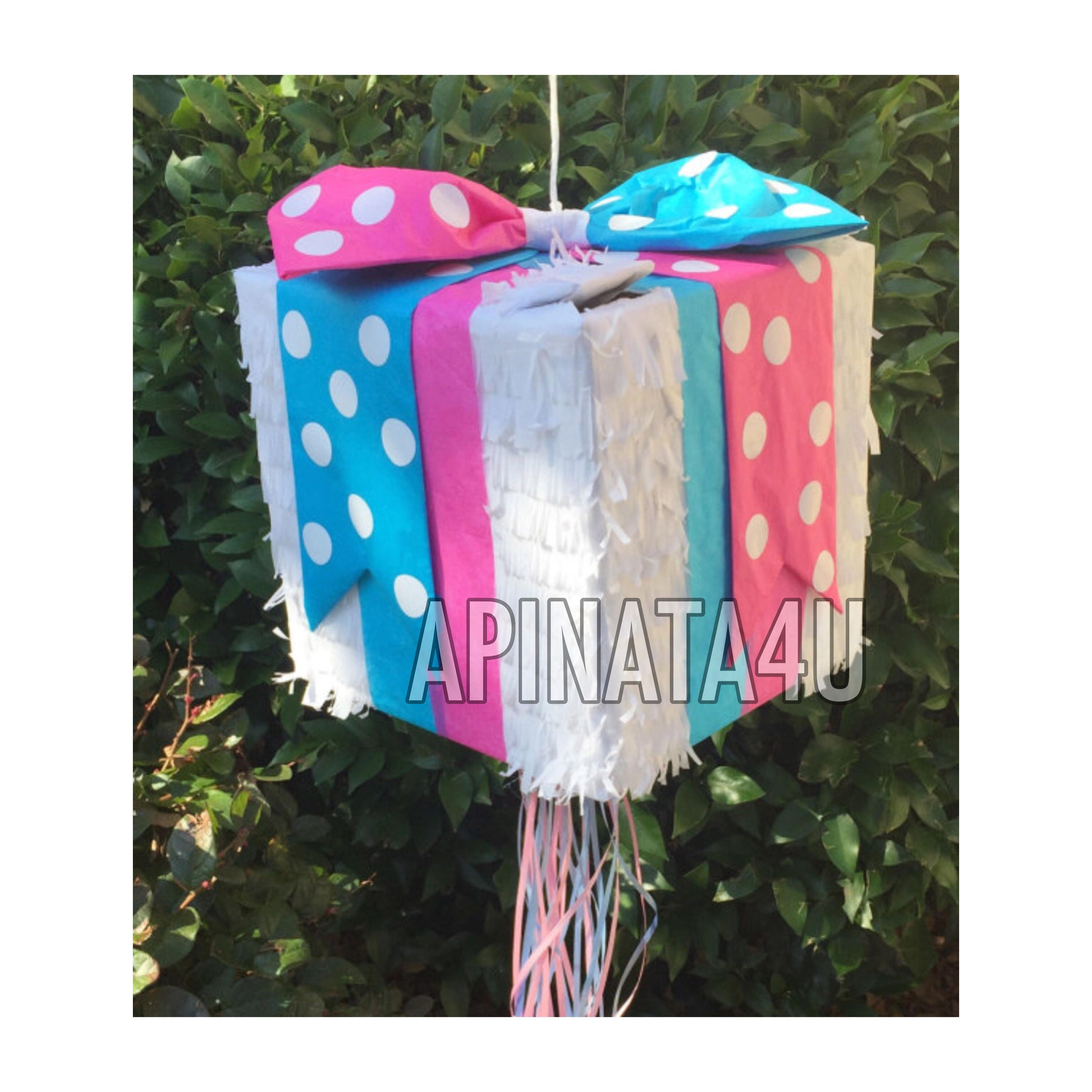 Gender Reveal Gift Box Pinata Pink & Blue Bow Pull Strings or