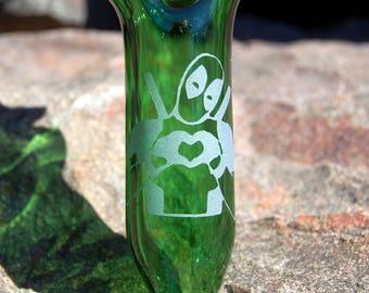 Emerald green sandblasted Deadpool glass pipe, comic book character, hand blown borosilicate, etched pyrex glass, FREE SHIPPING