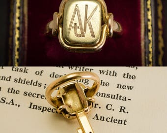 Antique Victorian Bramah Key Signet Ring "AJK" Monogram in 15k Gold, c1890