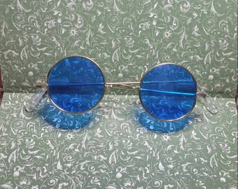 Vintage 1960s/70s Blue Round Lense Sunglasses, Brass Frames