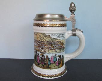 Lidded Heidelberg Beer Stein, Acorn/ Old Heidelberg, River Scene, Rein Zinn Lid, Large Beer Mug, Tankard, West Germany. 6" H top of lid