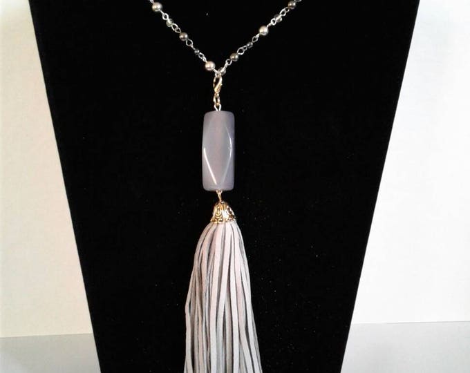 Metal Rosary Tassel Necklace, Beadwork, Grey and Silver, Statements Piece, Gift for Women, Leather Tassel, Popular Style, Silver Pendant.