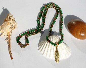 Crochet necklace Green Beaded Necklace Gypsy Necklace Bohemian Necklace Feather Charm Necklace Feather Necklace women bead necklace jewelry