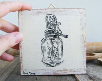 Rustic kitchen decor, Miniature painting, Butter churn print, Kitchen art print, Antique style butter churn, Rustic wood sign, Farmhouse
