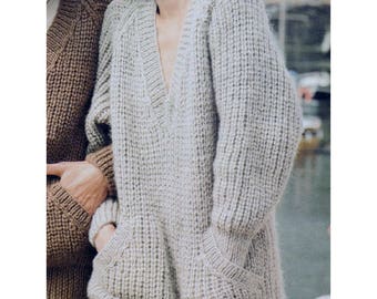 PDF Immediate Digital Download Row by Row Knitting Pattern Ladies Oversized Chunky Long Sleeve V Neck Sweater with Pockets Bust 34-42"
