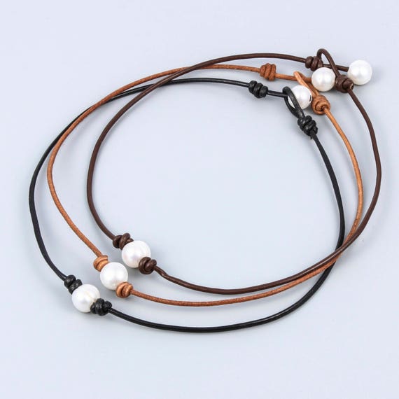 Color Leather Necklace White Pearl Choker Leather And