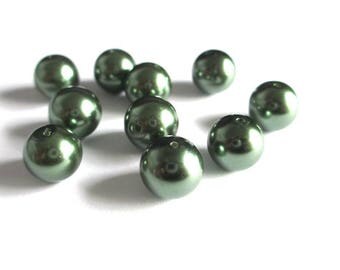 10 Pearl Green Khaki glass beads 10mm (F-05)