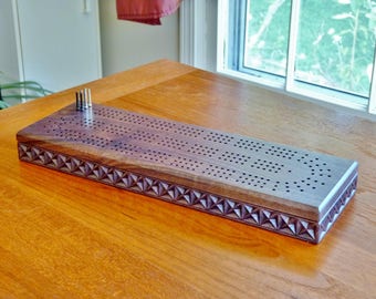 Cribbage board with 3 tracks | walnut Cribbage board | carved Cribbage board