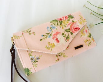 Envelope wallet, Womens wallet, Pink Wallet, Fabric handmade wallet, Rose clutch wallet, Long Wallet, Flowers wallet, Gifts for her