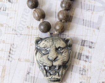 Tiger Head Pendant Necklace for Men, Panther Pendant, Wood Beaded Necklace, Boho Bohemian Rustic Tribal Ethnic African, Handmade, Ceramic