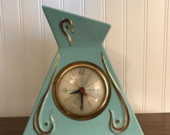 Vintage Retro Atomic Mid Century Modern Blue and Gold Mantle Clock
