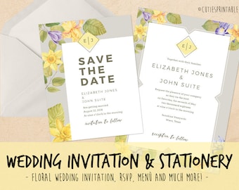 Instant Download: 9 PSD Watercolor flower Wedding Invitation & Stationery Templates - 3 type of FREE Fonts