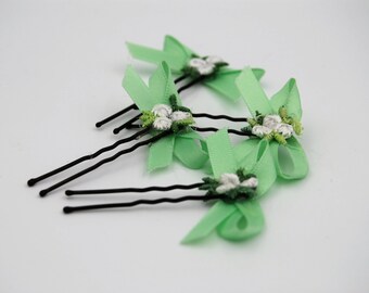 green satin bow hair pin, ribbon bow hair, embroidered flower hair pins, floral hair pin with bow, small bow bobby pin, ribbon hair pins
