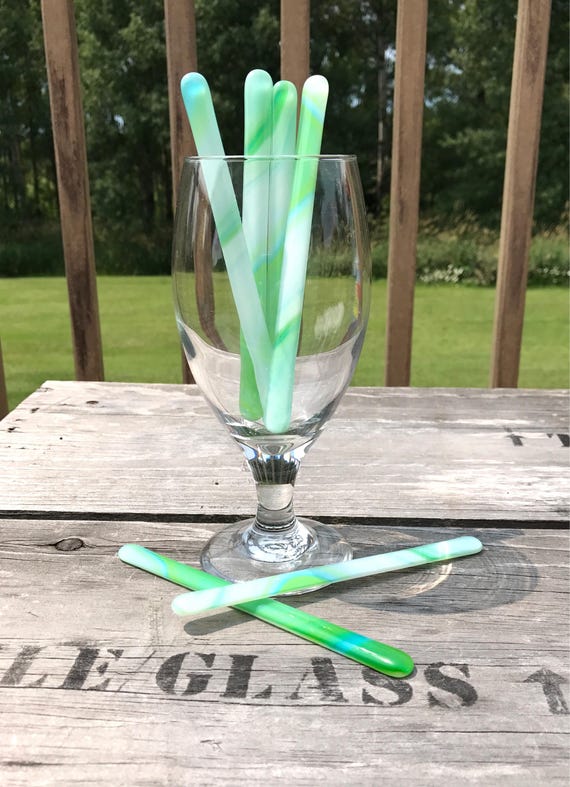 Fused Glass Swizzle Sticks Green Blue and White Cocktail