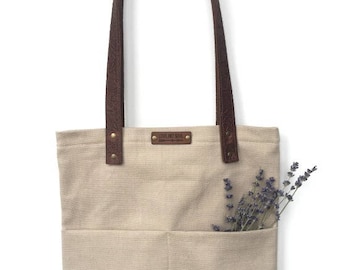 Tote Bag with Embossed Leather Handles - Beige