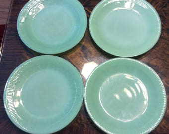 Four Vintage Fire King, Jadite, Salad, Jane Ray, Dinner Plates measureing 9 inches in diameter Modern, Retro,