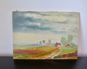 Small Painting Flemish Oil on Board Flemish Country Landscape Early to Mid Century