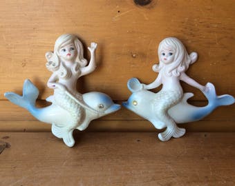 Vintage Mermaid Wall Plaques Dolphins Hong Kong Set Of 2 1950s