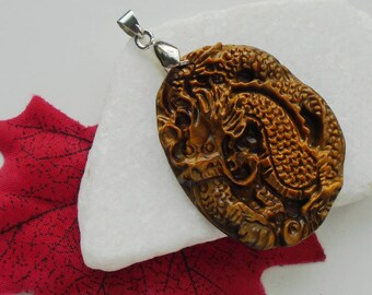 Tiger's eye, Dragon, amulet pendant with silver of plated ring