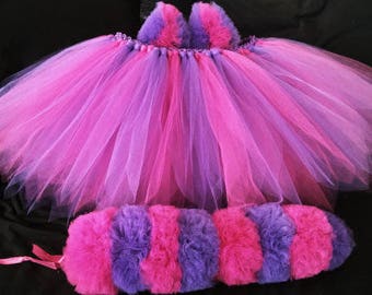 Cheshire cat tutu with tail & ears, fantasy, raves, dress up , halloween, pink, purple, pageant, gift, party, women's tutu, festival tutu