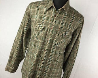 ON SALE Vintage Flannel Shirt L Large 16 16.5 Brown Tan Green Red Plaid Button Down Front Pocket Back Packer Grunge V5
