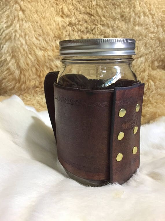 Opening Handle Large Brown Leather Mason Jar Holder 32oz