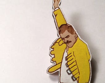 Freddie Mercury Wood Pin, Queen Band Wooden Brooch or Magnet