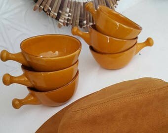 6 Vintage Pottery ramekins - mustard yellow/orange-Free Post