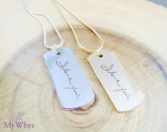 Custom Handwriting necklace, Personalized handwritten necklace, silver/gold engraved bar necklace, Actual handwriting jewelry, unisex Gift