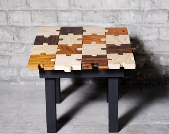 Wooden puzzle table - coffee table handmade - table basse puzzle fait main - table de chevet - nightstand