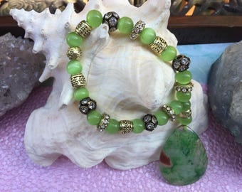 Green Agate Teardrop Wristlet Gemstone with Green Cat's Eye Beads and embelishments