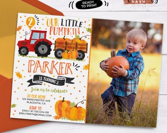 Little Pumpkin Birthday Invitation Thanksgiving Birthday Photo Invitation Fall Birthday Invitation Our Little Pumpkin first birthday Tractor