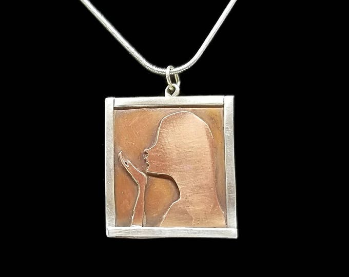 Mixed Metal Silhouette Pendant, Bella Ornamenti Logo Necklace, Copper and Sterling Silver Necklace, Unique Birthday Gift, One of a Kind