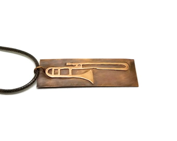 Copper Trombone Pendant, Hand Sawn Trombone Key Chain, Band Jewelry, Brass Instrument, Unique Birthday Gift, One of a Kind