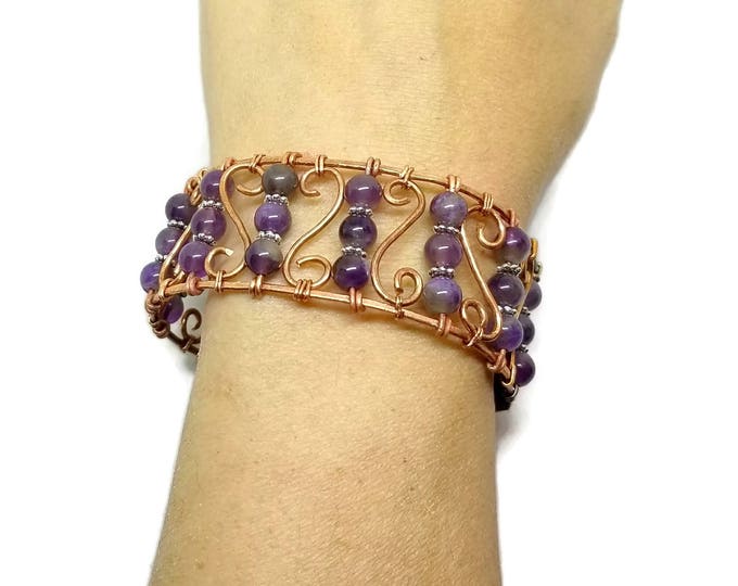 Amethyst Copper Cuff Bracelet, February's Birthstone Jewelry, Amethyst Bracelet, Adjustable Cuff Bracelet, One of a Kind, Gift for Her
