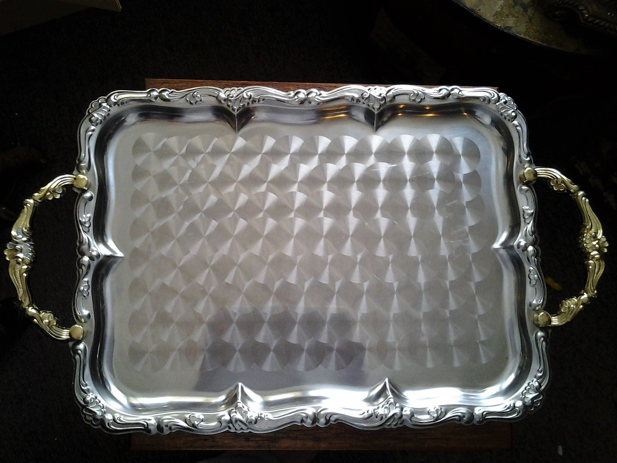 Vintage Stainless Steel Serving Tray with Gold Handles