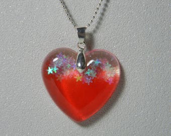Two-tone red shimmering flowers Heart Necklace