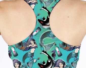 Nautical Mermaids Tattoo Reversible Sports Crop Top. Sports Bra. Fitness Top. Gym Top. Workout Top. Pole Fitness Top. Mermaid Crop Top. Sea
