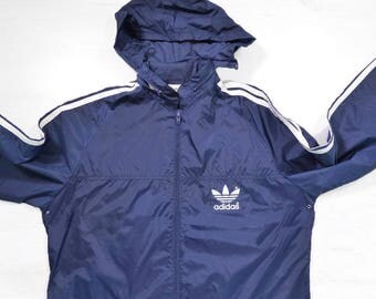 Vintage 80s Adidas Women's Trefoil windbreaker jacket Big logo Spell out Navy Blue/White Size L