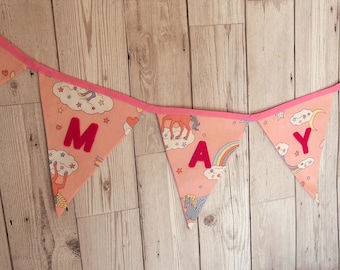 Personalised bunting, pink unicorn fabric, personalized banner, custom garland, girl room decor, baby girl bunting, nursery decoration