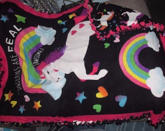 Unicorns 45 " x 59" Fleece Tie Blanket Hand Made Baby Toddler Child Great For Baby Shower Bedding Crib Car Seat or Stroller Blue Yellow