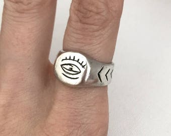 evil eye ring, sterling silver ring, signet ring, chunky ring, stacking ring, 925 ring, unique ring, quirky ring, unisex ring, talisman