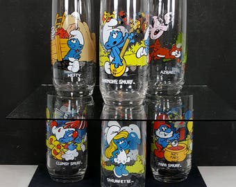 VINTAGE SMURF GLASSES Set of 6 Cartoon Drinking Glasses 1980s Retro Tumblers Minty & Shiny 6 Characters Retro Barware Gift