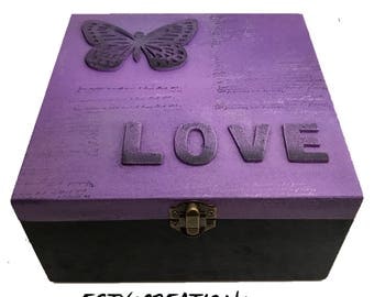 Love and Butterfly - wooden keepsake box, gift for her, gift of love, purple box, gift for daughter, wooden jewelry box graduation gift