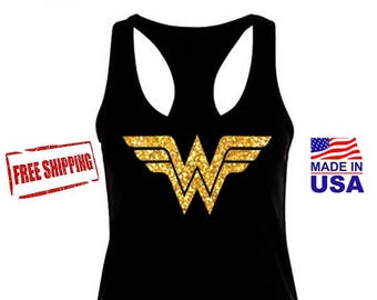 Wonder Woman Movie Inspired Shirt, Wonder Woman Black Tank Top, Wonder Woman Marathon with Gold Glitter Emblem. Costume, Women's Tank.