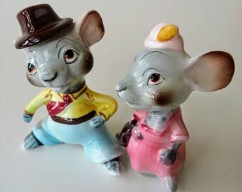 Salt and Pepper Shakers | Lady Gentleman Mice, PYK, Made in Japan, Anthropomorphic Mice, Ceramic Mice, Salt and Pepper, Kitschy Salt Pepper