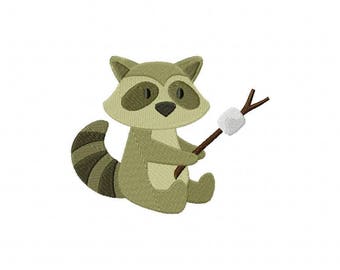 Raccoon roasting marshmallow embroidery design