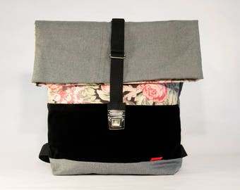 GREY FLOWERED large backpack / Upcycling bagpack